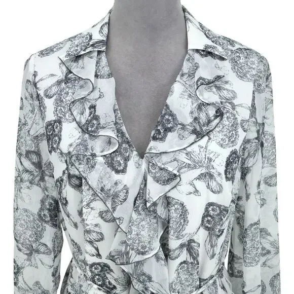 Ted Baker 2 Dress Womens 6 White Black Floral Ruffles Chiffon Tie Waist Lined - Picture 7 of 16